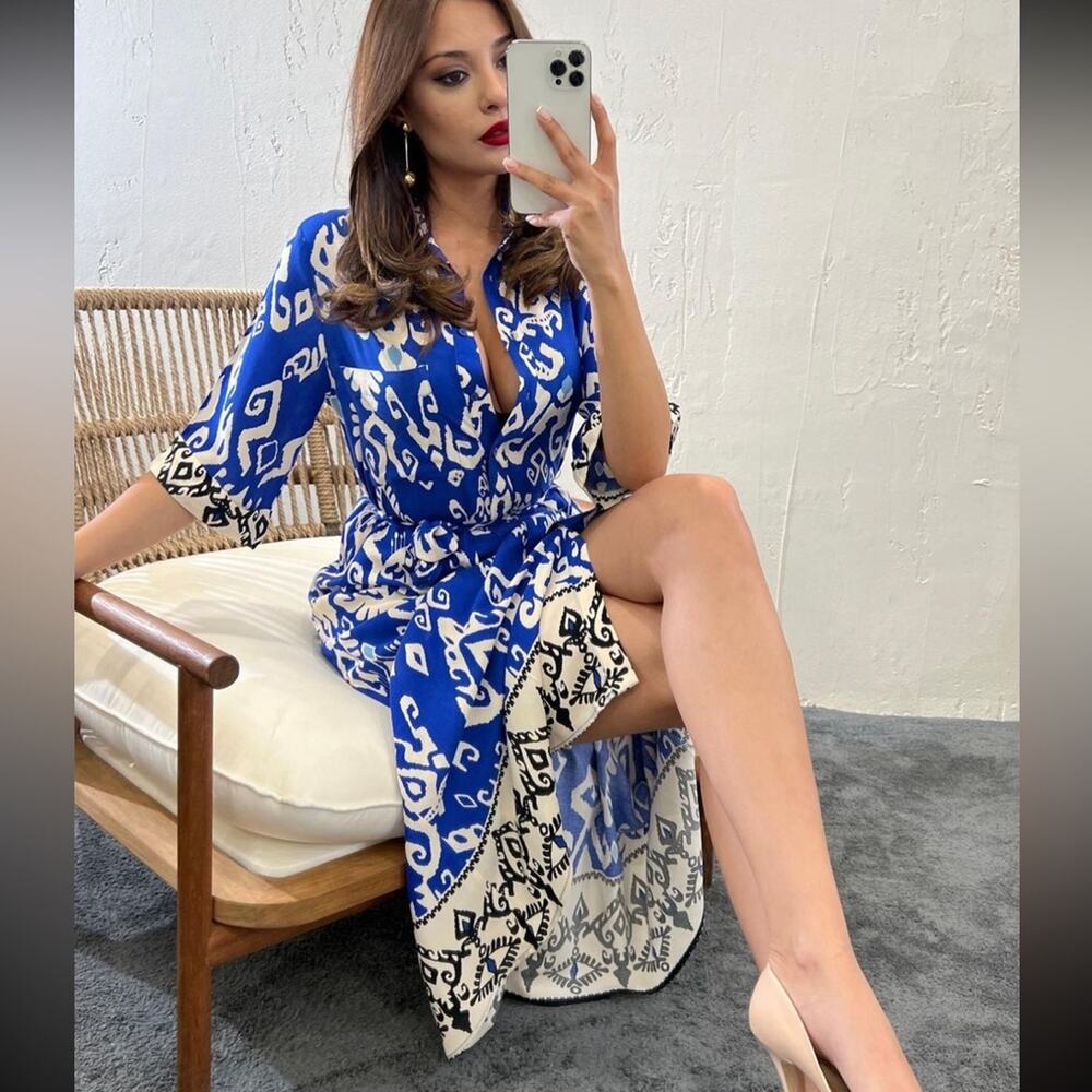 Fame Blue Cream Kilimanjaro Print Boho Tiered Maxi Dress Size S-M
